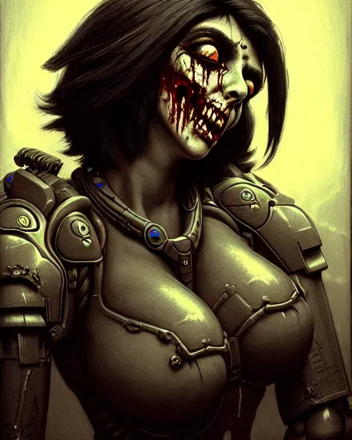 Image similar to pharah from overwatch, monster, zombie, character portrait, portrait, close up, concept art, intricate details, highly detailed, horror poster, horror, vintage horror art, realistic, terrifying, in the style of michael whelan, beksinski, and gustave dore