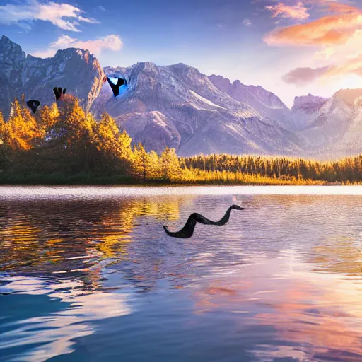 Image similar to photo of two black swans swimming in a beautiful reflective mountain lake, touching heads, forming a heart with their necks, a colorful hot air balloon is flying above the swans, hot air balloon, intricate, 8k highly professionally detailed, HDR, CGsociety