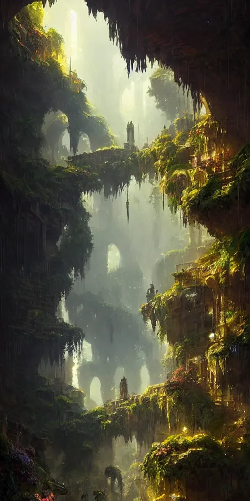 Image similar to City hidden in a cave, natural light, lush plants and flowers, elegant, intricate, fantasy, atmospheric lighting, by Greg rutkowski