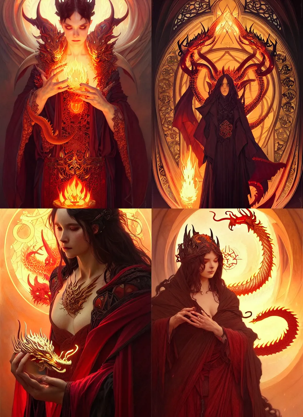 Prompt: a beautiful satanic sorcerer and a fire - dragon, intricate, sharp focus, illustration, highly detailed, digital painting, concept art, matte, art by wlop and artgerm and greg rutkowski and alphonse mucha, masterpiece