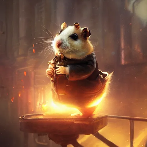 Image similar to oil painting of steampunk hamster on duck, , sharp focus, fantasy style, octane render, volumetric lighting, steampunk city, 8k high definition, by greg rutkowski, highly detailed, trending on art Station, explosions, magic the gathering artwork, centered