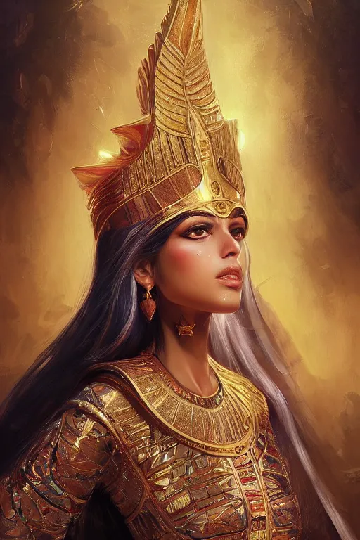 Image similar to Saba Mubarak as egyptian princess, gorgeous, portrait, powerful, intricate, beautiful, masterpiece, elegant, volumetric lighting, digital painting, highly detailed, artstation, sharp focus, illustration, Hajime sorayama, ruan jia