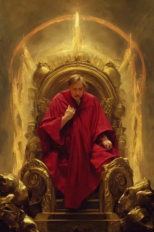 Image similar to beautiful oil painting, steve buscemi in royal crimson robes enthroned as the god emperor of ancient rome a golden wreath upon his head, by anders zorn, wonderful masterpiece by greg rutkowski, beautiful cinematic light, american romanticism, by thomas lawrence, greg rutkowski