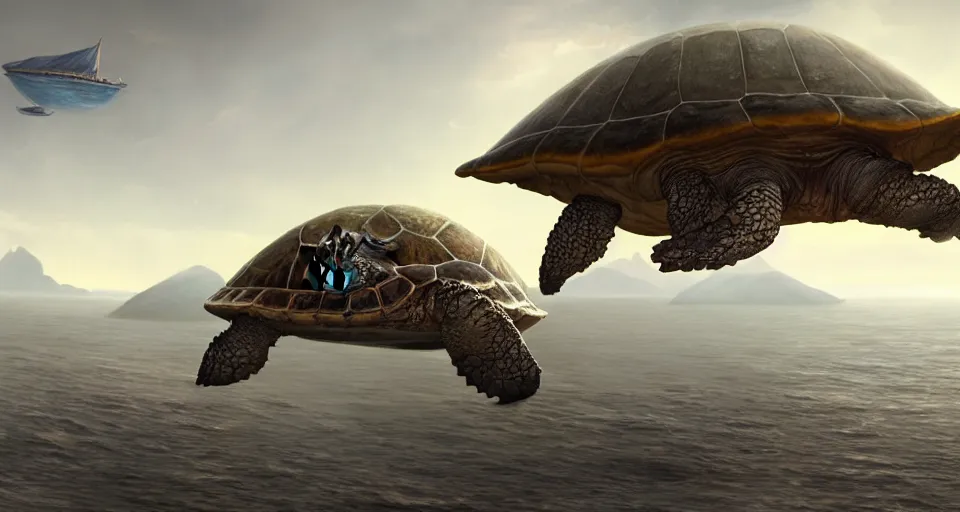 Image similar to the diskworld, flat earth on a colossal turtle's back, realistic, matte painting, unreal engine, 8k, wide angle, f12, paul kidby, james gurney and greg rutkowski, trending on artstation