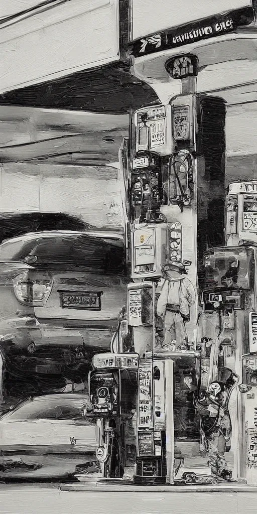Prompt: oil painting scene from gas station by kim jung gi