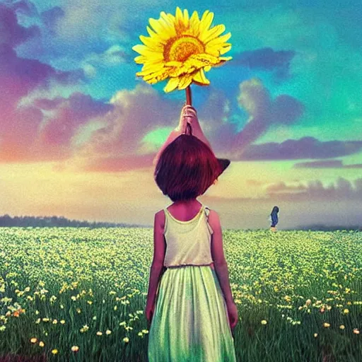 Image similar to giant daisy flower for a head, portrait of girl in flower field, holding daisy, surreal photography, sunrise, impressionist painting, colorful clouds, digital painting, artstation, simon stalenhag, flower face