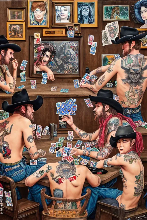 Prompt: full view, from a distance, of cowboys with tattoos, in the saloon playing card games, style of yoshii chie and hikari shimoda and martine johanna, highly detailed