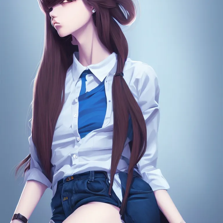 Image similar to urban high school girl in shirt fanart, dark blue long hair, muted colors, matte print, pastel colors, ornate, digital art, digital painting, fan art, elegant, artstation, by Ilya Kuvshinov