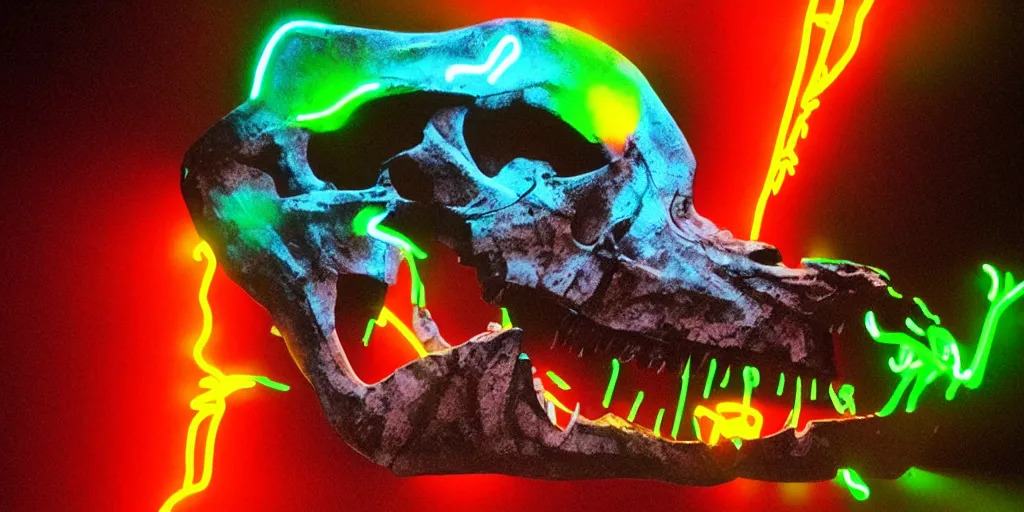 Image similar to screaming t - rex skull made of neon light ektachrome photograph, volumetric lighting, f 8 aperture, cinematic eastman 5 3 8 4 film