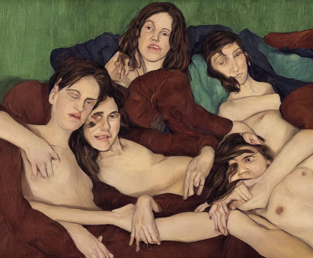Prompt: portrait of bella and esther lying horizontal cuddling, in an old english apartment on a brown leather sofa. one is wearing a dark blue sweather, the other a white shirt. brown hair, they are looking into the camera. close up. in the style of lucien freud. oil painting. green mood. smiling