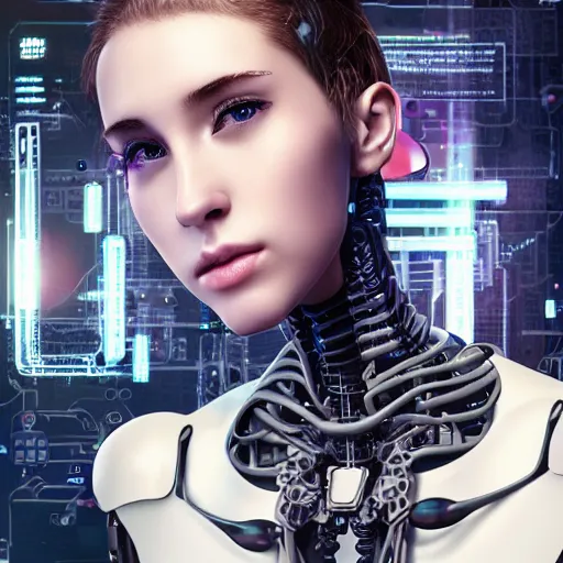 Prompt: An extremely beautiful biomechanical female looking robot with Emoji tattoos, chimeric organism, pale skin, organic polycarbon, full frontal portrait, ex machina, highly detailed, mendelbrot fractal, ray tracing, hyperdetailed, hyperrealistic, oppai cyberpunk, octane render, hdr, uhd 4k