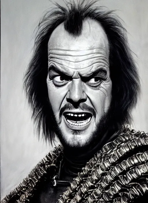 Prompt: portrait of young 1 9 7 0 s jack nicholson ( from the shining ) as a scheming cunning warlord character ( spiked scrap metal armor ) in mad max 2 : the road warrior, film still, detailed realism face in painting, detailed beautiful portrait, oil painting masterpiece, 8 k resolution, smooth, sharp focus, trending on artstation, by rembrandt