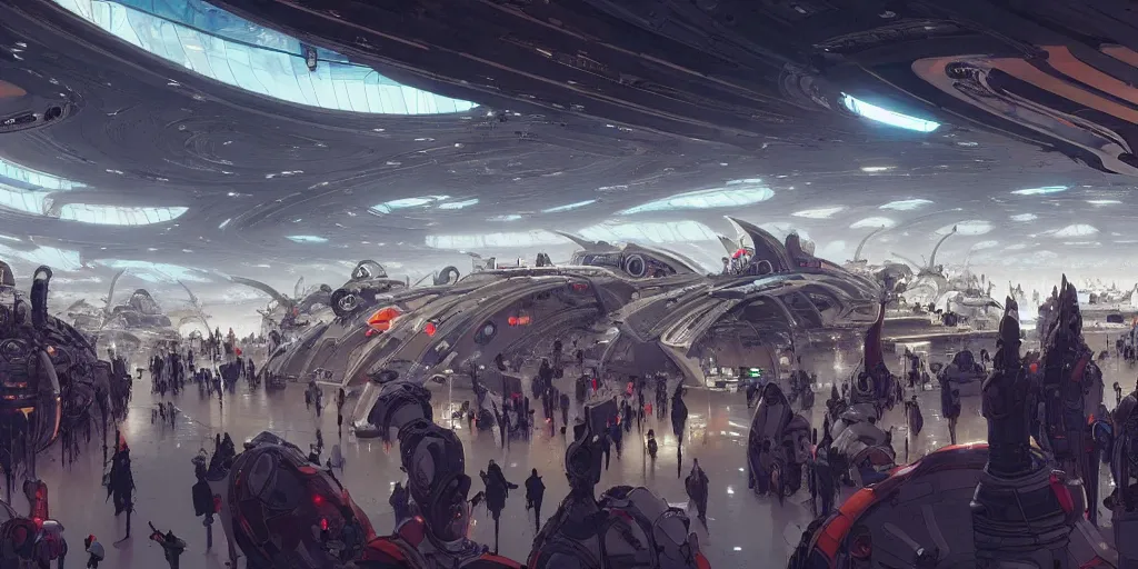 Prompt: the interior of a futuristic spaceport, large crowd of people in the foreground, by kim jung gi and greg rutkowski, rule of thirds