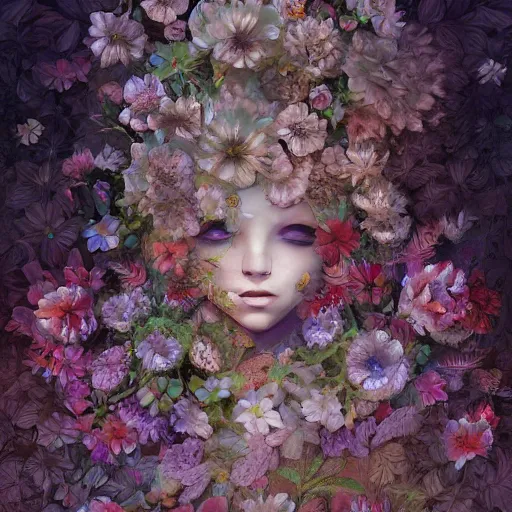 Prompt: flowers wall and eys, artstation, intricate, highly detailed, digital painting, concept art, sharp focus