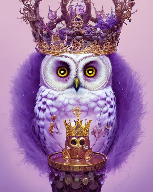 Image similar to anthropomorphic art of an owl king, wearing a crown, in a lilac royal jacket, by artgerm, victo ngai, ryohei hase, artstation, highly detailed digital painting, smooth, global illumination, fantasy art by greg rutkowsky, karl spitzweg, leyendecker