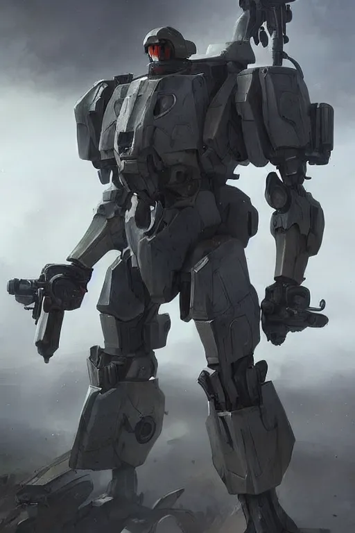 Image similar to a full body shot of a mech soldier holstering his rifle, full view, Artstation, Artstation Trending, Pinterest, cinematic, concept art, 8k, cgsociety, hyper detailed, ultra realistic, illustration, epic, high resolution, post processing, high quality, unreal engine, digital art, very coherent, octane render, atmospheric, dramatic, art by Yi Yang artstation + StTheo + Alan Van Ryzin,