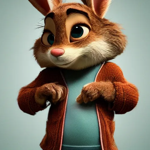 Image similar to very cute kid\'s film character rabbit, disney pixar Zootopia character concept artwork, 3d concept, detailed fur, animal wearing a sweater, high detail iconic character for upcoming film, trending on artstation