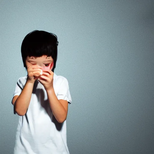 Image similar to a small child holding a flashlight to his face, dark background, vignette, clear photorealistic