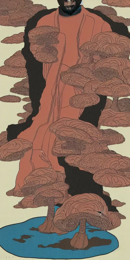 Image similar to a full body portrait of kanye west taking a bite of a giant psychedelic mushroom, ukio-e style,