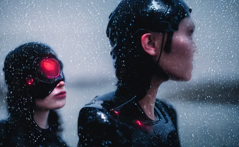 Image similar to cinestill 5 0 d candid action photographic portrait by quentin tarantino of two loving female androids wearing rugged black mesh techwear in treacherous waters, extreme closeup, modern cyberpunk tesla retrofuturism moody emotional cinematic, pouring iridescent rain, 8 k, hd, high resolution, 3 5 mm, f / 3 2, motion blur, ultra realistic faces, ex machina