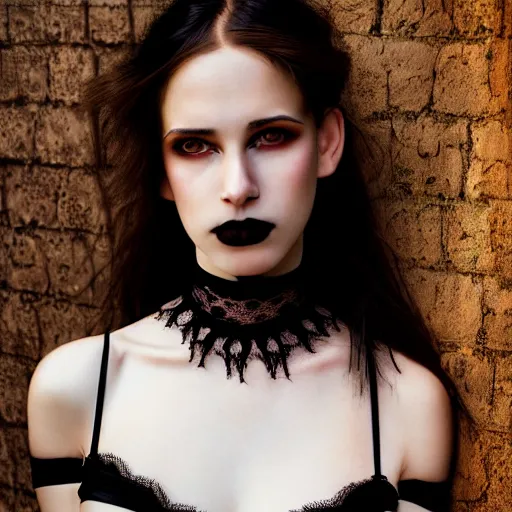 Prompt: photographic portrait of a stunningly beautiful gothic female with black lace choker in soft dreamy light at sunset, god rays, contemporary fashion shoot, by edward robert hughes, annie leibovitz and steve mccurry, david lazar, jimmy nelsson, breathtaking, 8 k resolution, extremely detailed, beautiful, establishing shot, artistic, hyperrealistic, beautiful face, octane render