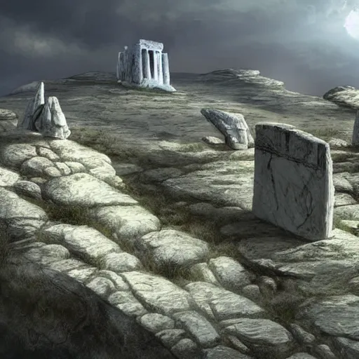 Image similar to concept art by alejandro burdisio of a small, white marble cliff in a meditereanian hill landscape, with stone henge on top