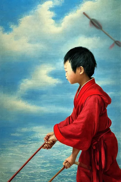 Image similar to a masterpiece portrait of legendry nezha flies riding on the wind fire wheels across the sea, water everywhere, chinese mythology, chinese male child, cute face, side view, red cloth around his shoulders, hold spear, cinematic, fantasy character portrait, highly detailed, by ne zha ( 2 0 1 9 ), fenghua zhong, bob byerley