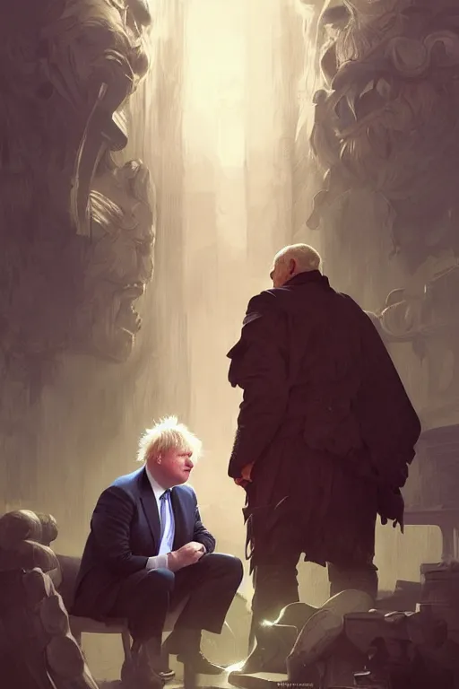 Prompt: Boris Johnson vs Putin face to face, highly detailed, digital painting, artstation, concept art, smooth, sharp focus, illustration, cinematic lighting, art by artgerm and greg rutkowski and alphonse mucha