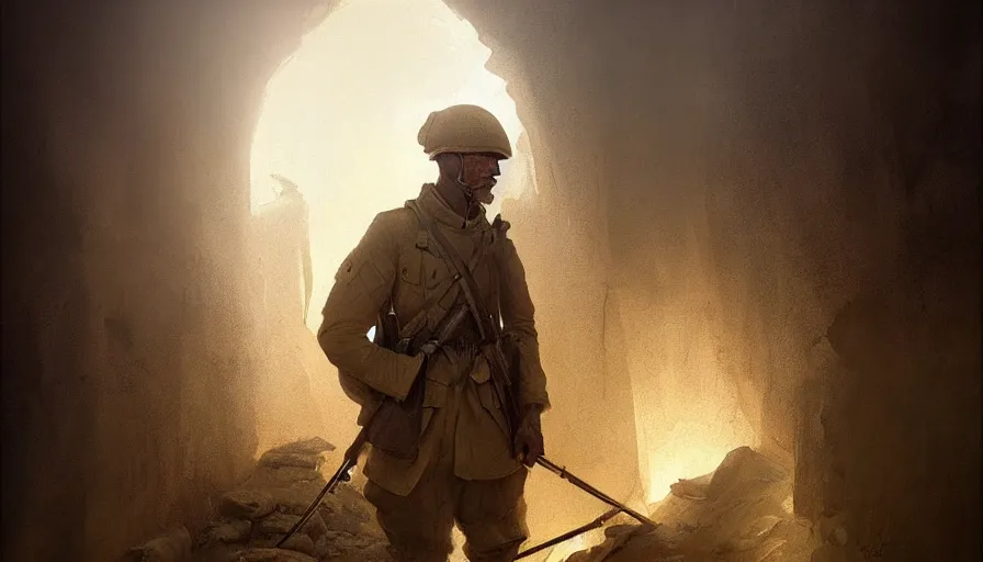 Image similar to beautiful painting of a soldier in a trench waiting for the war to end. cinematic lighting by greg rutkowski,