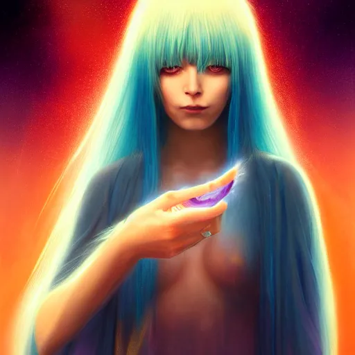 Image similar to rimuru tempest from tensura holding purple flames in her palm, with amber eyes of golden colored eyes, straight hair, sky blue hair, long bangs, high collar, concept art, award winning photography, digital painting, cinematic, wlop, 8 k, by ross tran, tom bagshaw, andy warhol