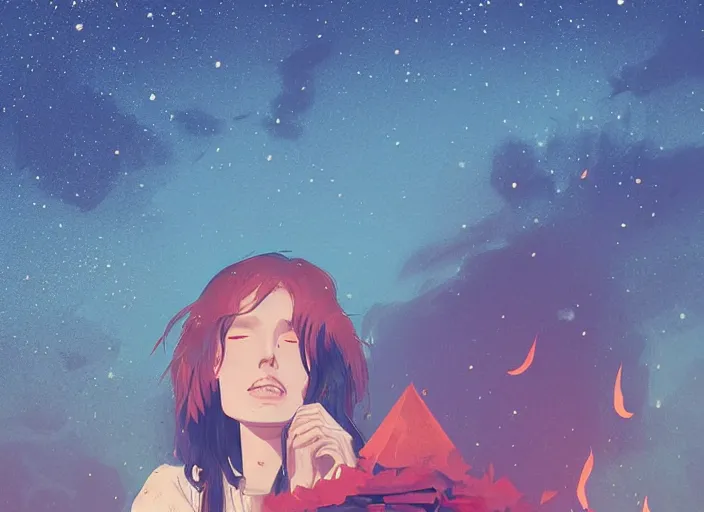 Prompt: woman sitting next to a campfire, cozy, night sky, digital art, highly detailed face, beautiful face, portrait, by conrad roset, by wlop, anime style, octane render