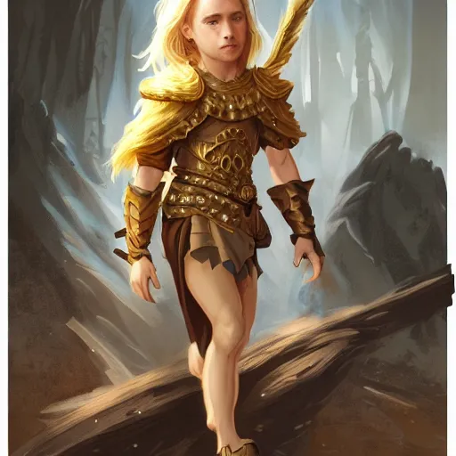 Image similar to an epic fantasy comic book style full body portrait painting of a young blonde boy who is over confident, wearing plain thief clothes, d & d, fantasy, intricate, elegant, highly detailed, digital painting, artstation, concept art, matte, sharp focus, illustration, art by artgerm and greg rutkowski and alphonse mucha