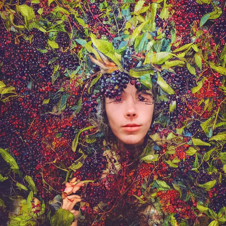 Image similar to human with the sea and the forest inside, veins diverge through the body like rivers filmed on a satellite, a person is decorated with wild berries, a beautiful bird is looking at him next, colorful picture