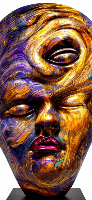 Prompt: epic, abstract sculpture of beautiful female face and black swirling marbling liquifying acrylic portrait, fluffy clouds, golden hour, beautiful light, 3 d sculpture of carving marble, dark colors, dark mood, one point lightning