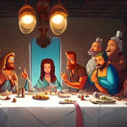 Image similar to Futurama characters at the Christ's last supper. Perfect composition. Very very beautiful digital art in style of Greg Rutkowski, intricate stunning texture and details, fine detailed face. Trending on artstation. Dramatic lighting