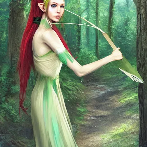 Prompt: a realistic portrait of a realistic female elf with a long withe and light green dress holding a scepter walking in the woods , perfect and hyperrealistic face, wild face , detailed trees by WLOP