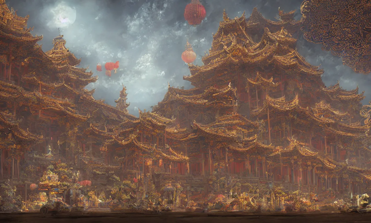 Image similar to an original game concept scene painting of an opulent palast chinese style ， super wide angle, magnificent and gorgeous atmosphere ， matte painting ， rtx on ， by moebius, neil blevins and jordan grimmer ， trending on cgsociety and artstation, unreal engine ， volumetric light ， surreal