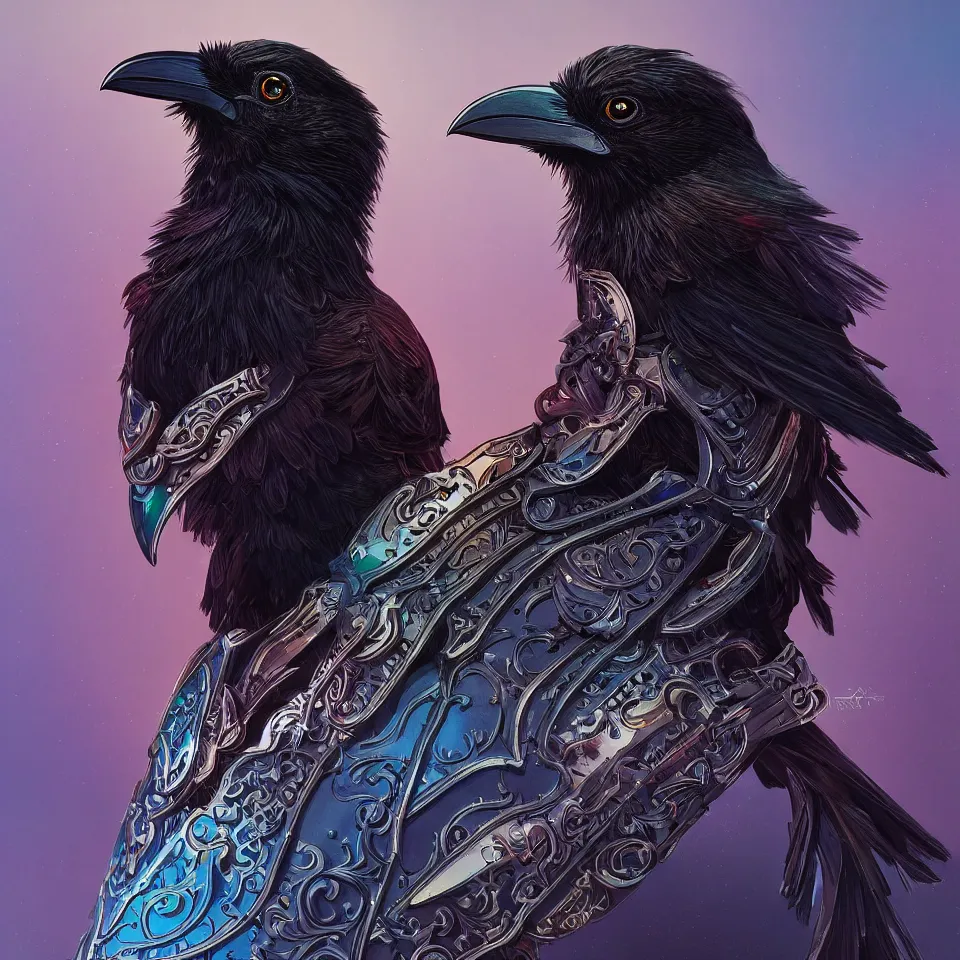 Image similar to beautiful black raven bird with ornate armor, cute, intricate, highly detailed, digital painting, trending on artstation, concept art, smooth, sharp focus, backlit, rim light, vivid colors, illustration, unreal engine 5, 8 k, art by rossdraws and alphonse mucha