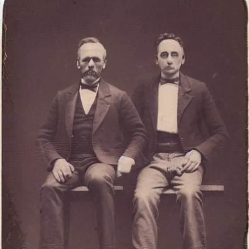 Image similar to tintype photo of rick and morty. 1 8 8 0 s