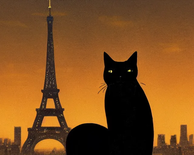 Prompt: a black cat sitting on the top of a building overlooking a French city, Eiffel Tower in the background. Atmospheric lighting, warm lighting, wide shot, sunset. By Makoto Shinkai, Stanley Artgerm Lau, WLOP, Rossdraws, James Jean, Andrei Riabovitchev, Marc Simonetti, krenz cushart, Sakimichan, trending on ArtStation, digital art.