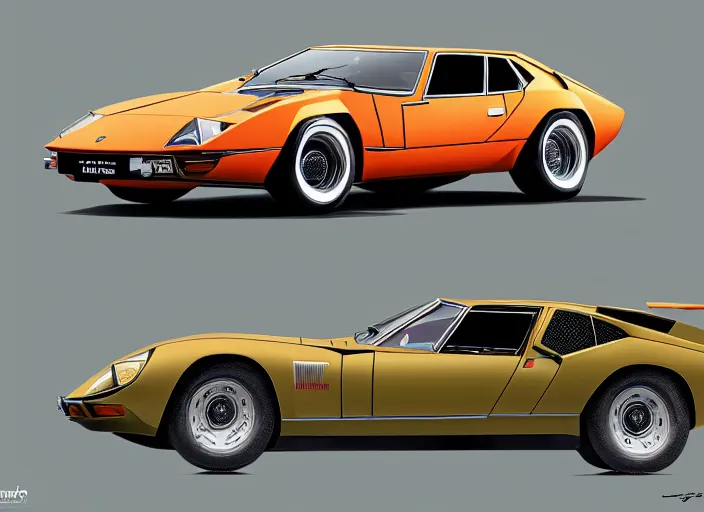 Prompt: a blending and amalgamation of a lamborghini countach, datsun 2 6 0 z and a jaguar e - type, concept art, 8 k, highly detailed