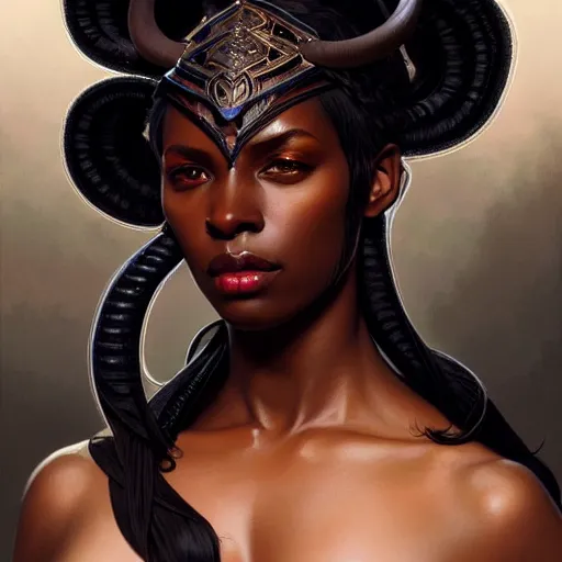 Image similar to , portrait of an black skinned tiefling female, D&D, fantasy, intricate, elegant, highly detailed, digital painting, artstation, concept art, smooth, sharp focus, illustration, art by artgerm and greg rutkowski and alphonse mucha