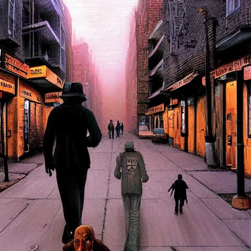 Image similar to a man walking through the lower east side, followed by strange figures he can only half - see. high quality high detail painting by david mattingly and ralph mcquarrie and richard corben, hd, realistic matte painting, photorealistic lighting, modern supernatural urban horror aesthetic.