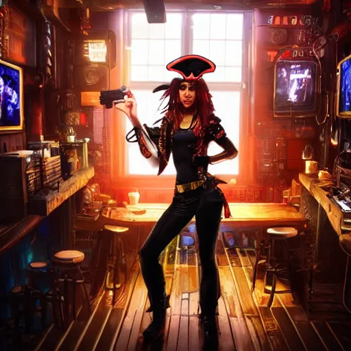 Prompt: a high quality portrait of a beautiful stunning pirate in a cyberpunk cyberpunk cyberpunk cafe, realism, 8k, award winning photo