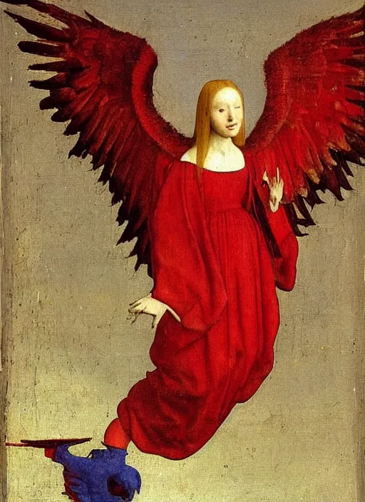 Image similar to Flying Fallen Angel with wings dressed in red, Medieval painting by Jan van Eyck, Johannes Vermeer, Florence