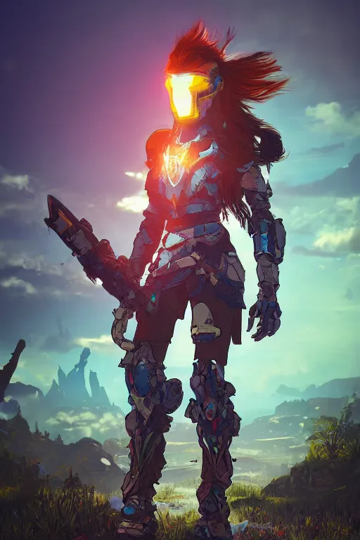 Image similar to combination suit armor aloy horizon forbidden west horizon zero dawn radiating a glowing aura global illumination ray tracing hdr fanart arstation by ian pesty and alena aenami artworks in 4 k tribal robot ninja mask helmet backpack