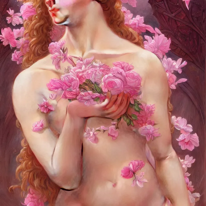 Image similar to a wonderful goddess with the body made of pink petals, intricate, elegant, highly detailed, wonderful eyes, sweet, digital painting, artstation, concept art, smooth, sharp focus, illustration, art by artgerm and greg rutkowski and alphonse mucha and william - adolphe bouguereau