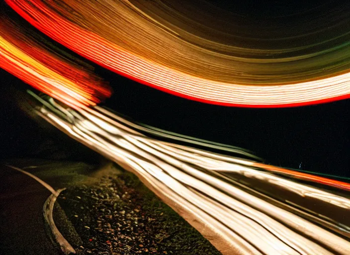 Image similar to a 2 8 mm macro photo of trailing streaked car lights on a winding mountain highway, long exposure at night, splash art, movie still, bokeh, canon 5 0 mm, cinematic lighting, dramatic, film, photography, golden hour, depth of field, award - winning, anamorphic lens flare, 8 k, hyper detailed, 3 5 mm film grain, hazy