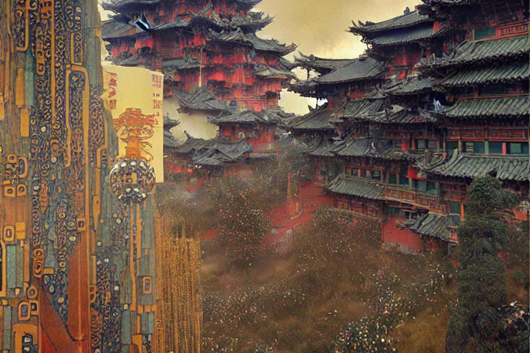 Image similar to cyberpunk chinese ancient castle, fantasy, painting by Gustav Klimt, greg rutkowski and alphonse mucha