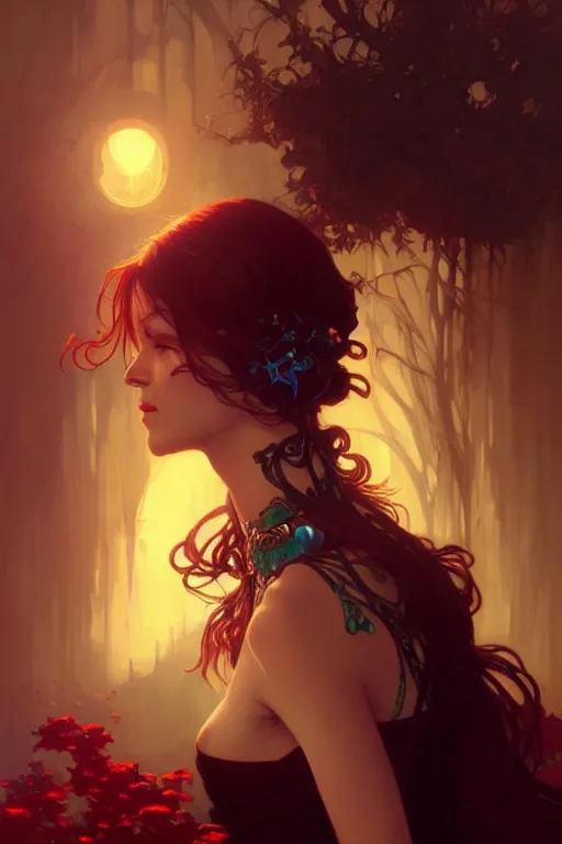 Image similar to a beautiful necromancer woman, fantasy, portrait, sharp focus, intricate, elegant, digital painting, artstation, matte, highly detailed, concept art, illustration, ambient lighting, art by ilya kuvshinov, artgerm, Alphonse mucha, and Greg Rutkowski
